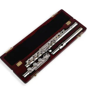 Silver Intermediate level flute in case with offset g, open holed, low b foot, C# trill and d# roller