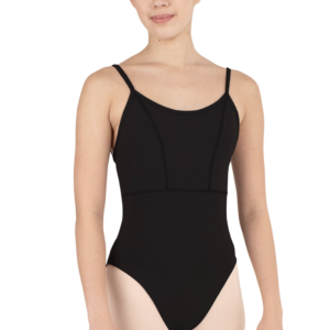 Ballet model wearing the black empire waist princess seam camisole Leotard