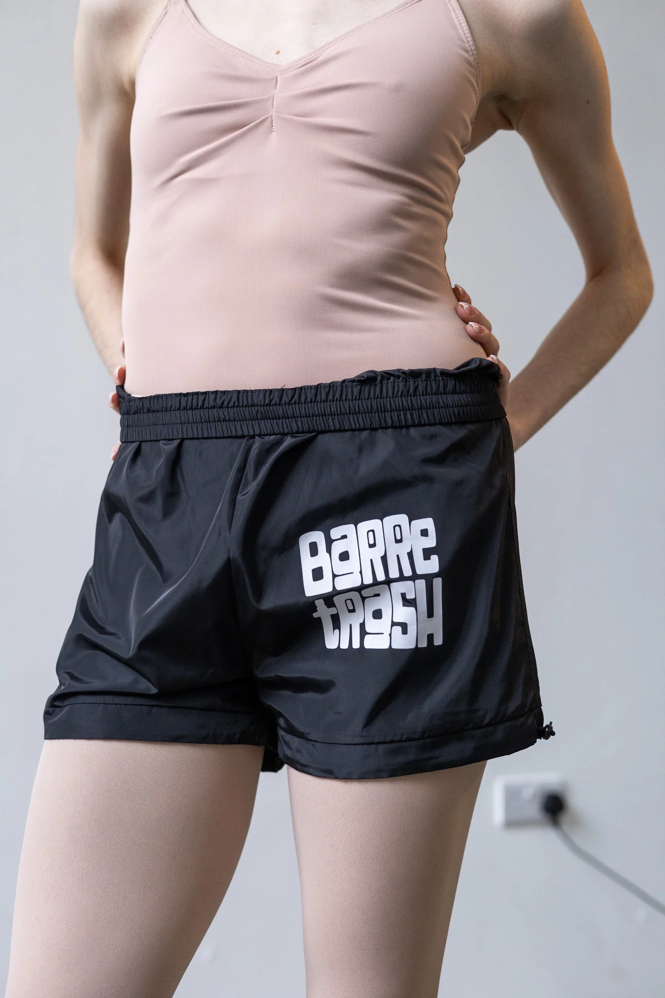 trash bag shorts for dancers - Barre Trash ripstop warm-up shorts