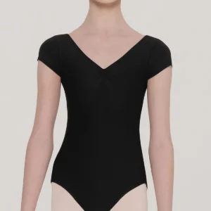 short sleeve leotard for girls - Wear Moi Candide Child in black with gathered front neckline