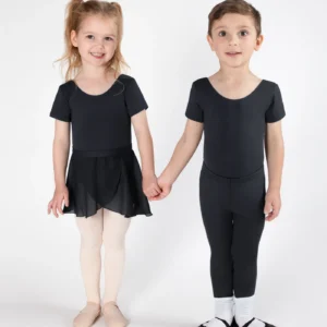 Unisex short-sleeve leotard in black on boy and girl.