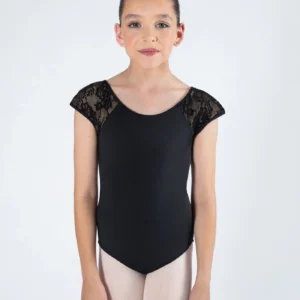 cap sleeve leotard for girls - Energetiks Mila Lace Leotard CL110 with lace sleeves in black