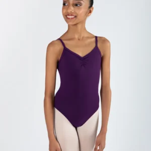Simple gathered front leotard with camisole straps in aubergine