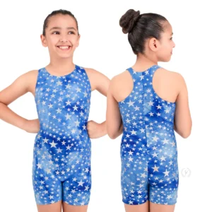 Starlight Racerback Biketard in blues and white stars
